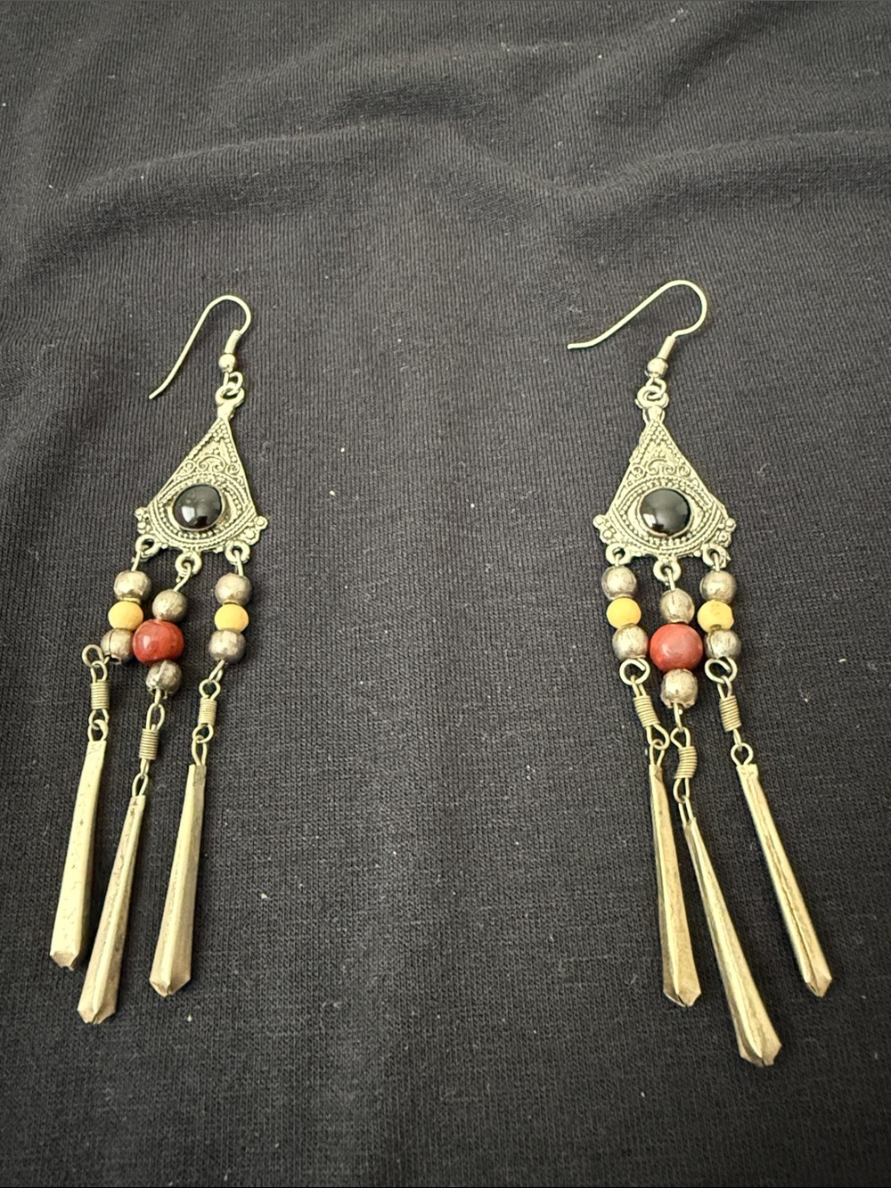 Bohemian Dangle Earrings with Red and Yellow Beads - Unbranded
